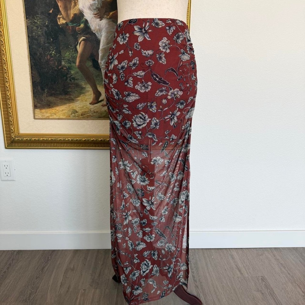 NWT Anthropologie Boho Mesh Sheer Ruched Fitted Maxi Skirt
